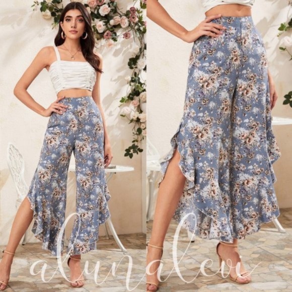 Pants - Boho Floral Print dusty blue Ruffle Wide Leg pants